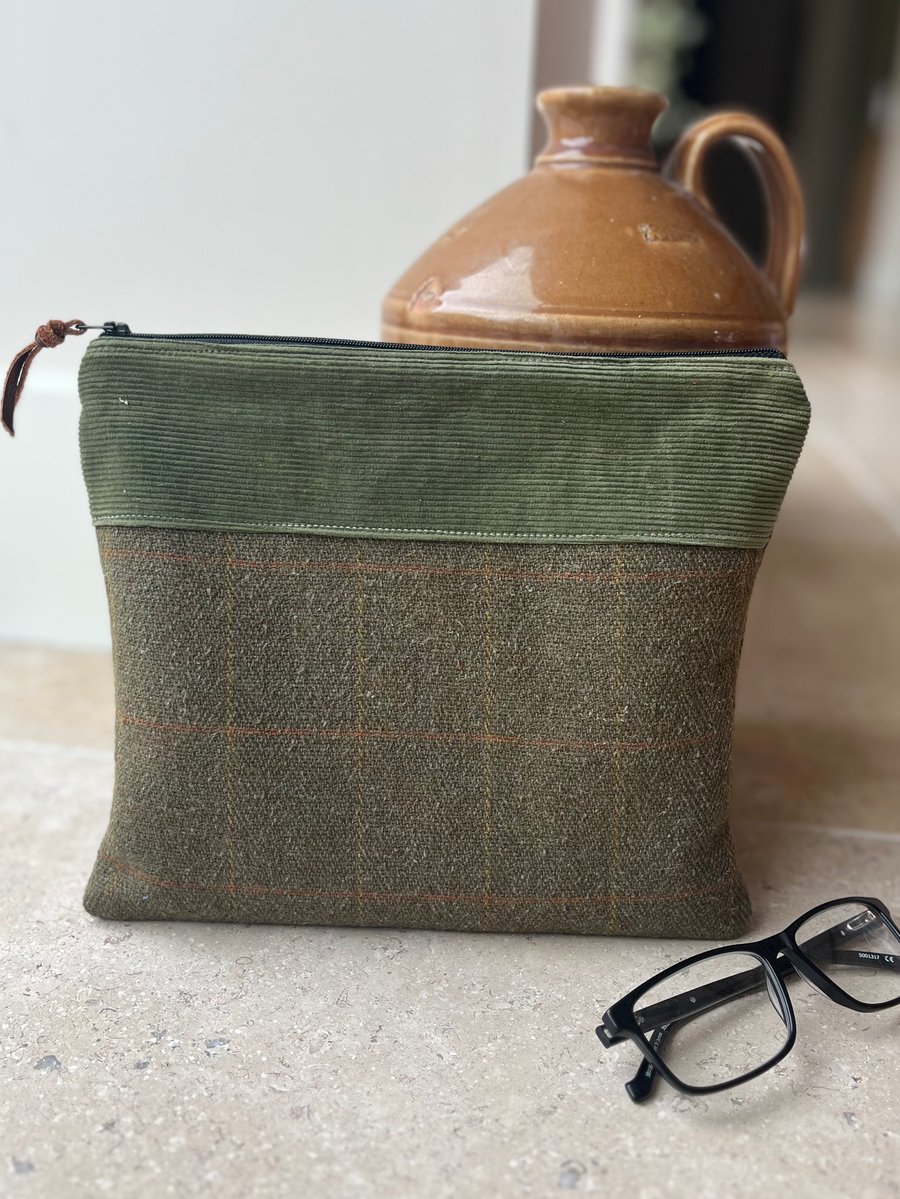 Repurposed tweed book pouch with quilted lining project bag with corduroy