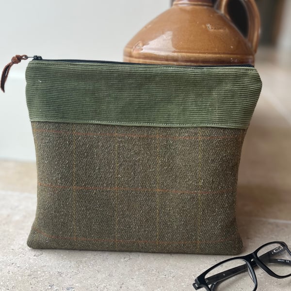 Repurposed tweed book pouch with quilted lining project bag with corduroy