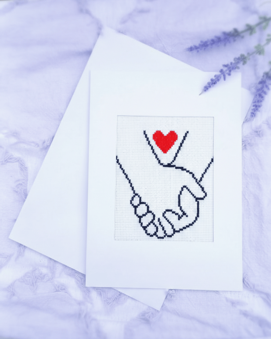 Handmade Cross Stitch Greeting Card Featuring Intertwined Hands and a Heart