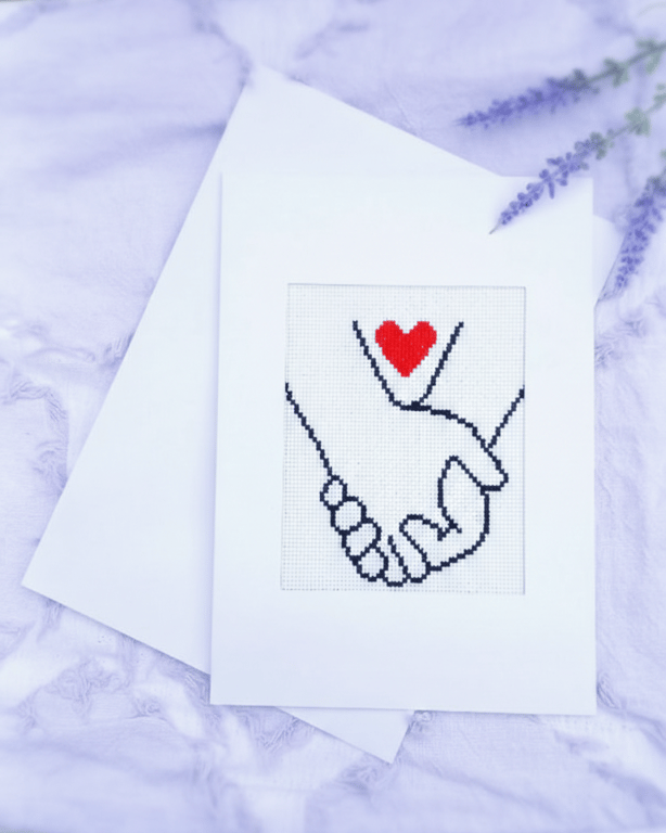 Handmade Cross Stitch Greeting Card Featuring Intertwined Hands and a Heart