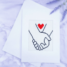 Handmade Cross Stitch Greeting Card Featuring Intertwined Hands and a Heart