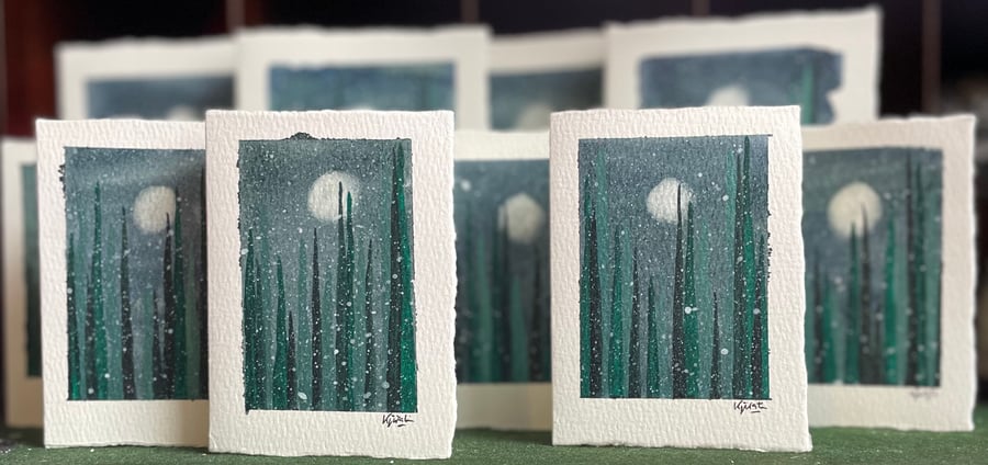 Set of 3- Hand-Painted Christmas Card - Winter Trees and Moonlight - 3x4