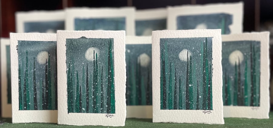 Hand-Painted Christmas Card - Winter Trees and Moonlight - 6x4 set of 3