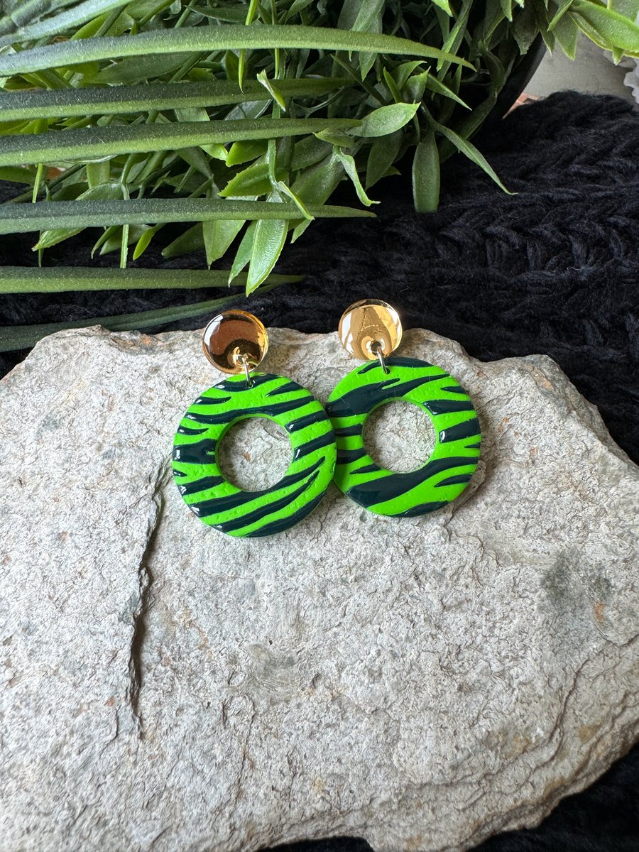 Green Zebra Circle Hoops on Gold Earrings