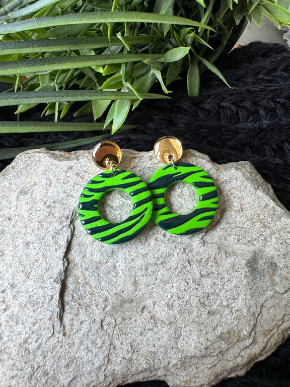 Green Zebra Circle Hoops on Gold Earrings