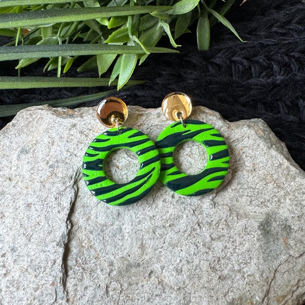 Green Zebra Circle Hoops on Gold Earrings