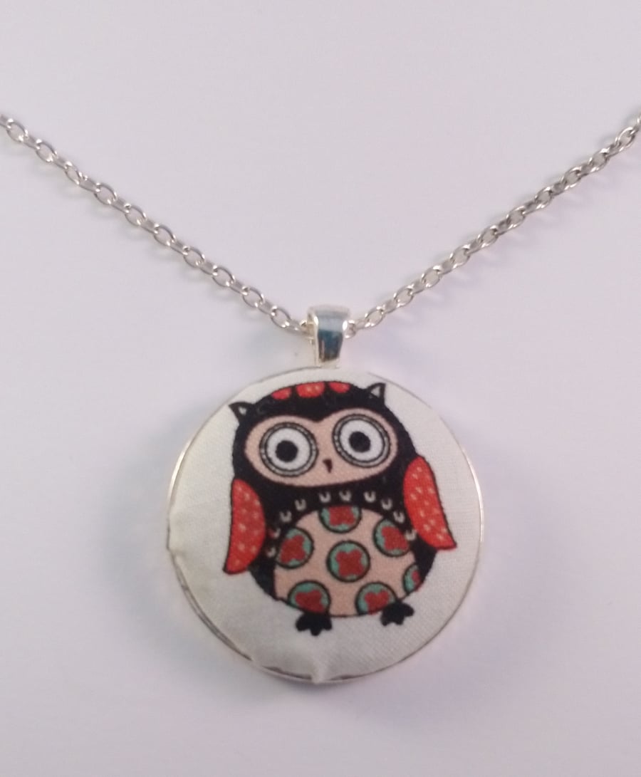 38mm Brown Owl Fabric Covered Button Pendant 