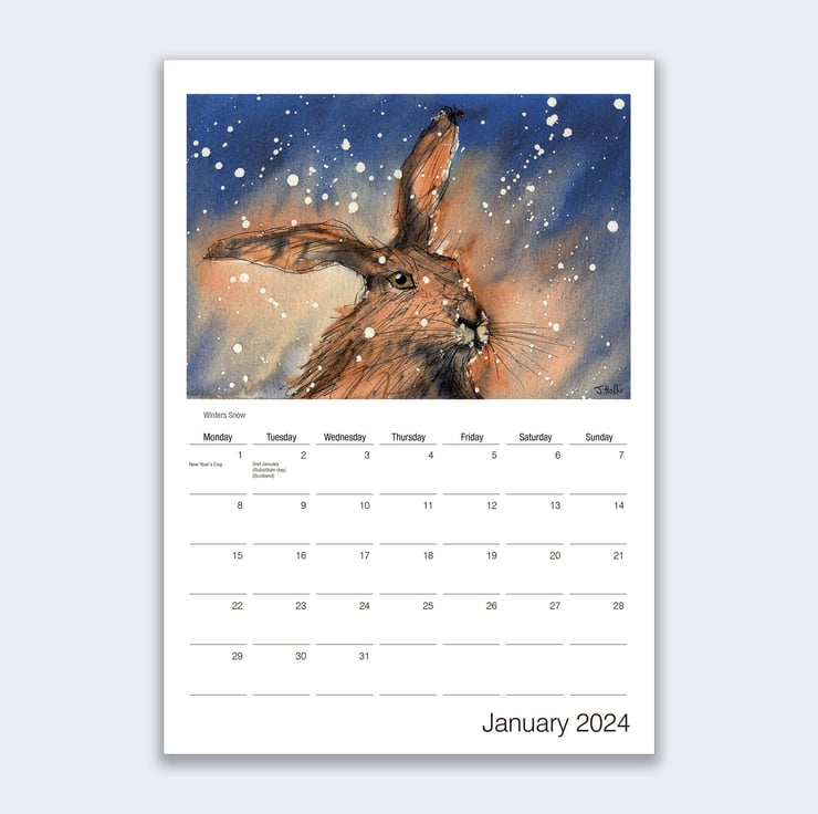 Hare calendar for 2024 with hare paintings wall... Folksy