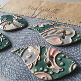 Handmade Set of Four Ceramic Paisley Buttons