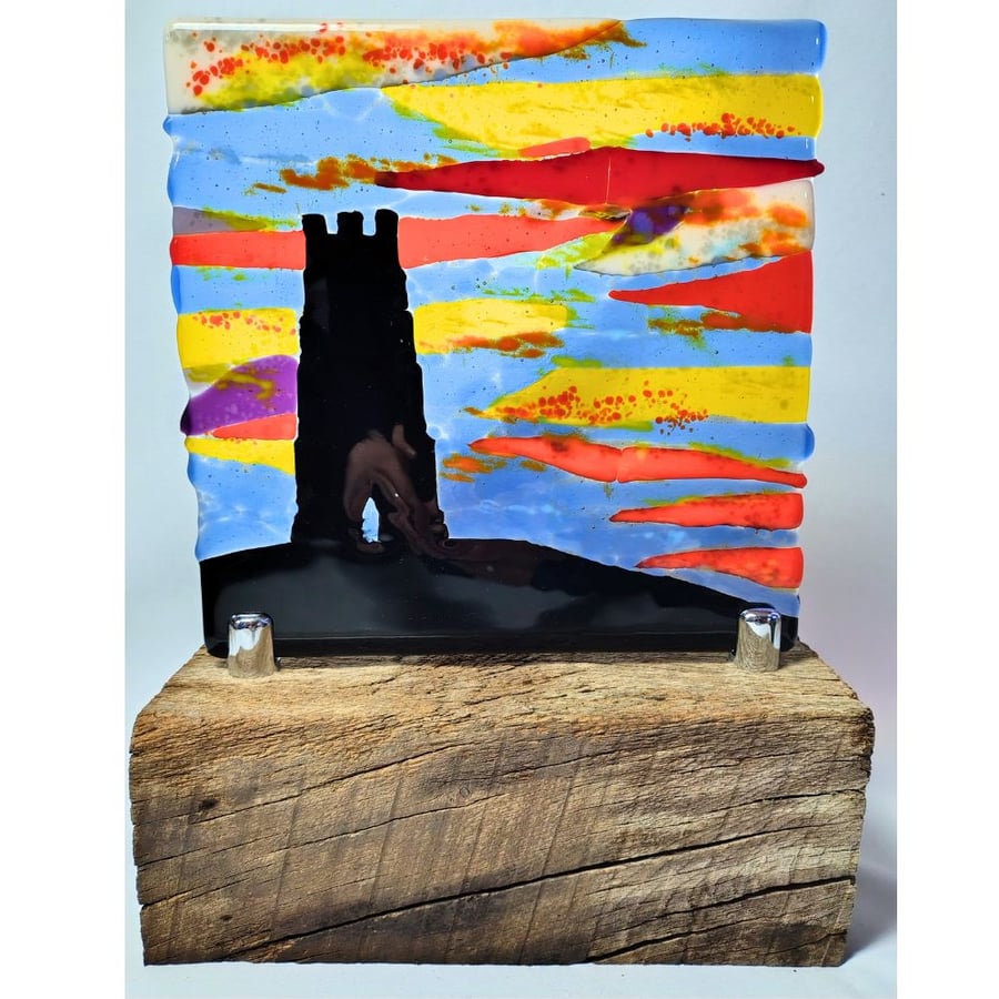 Glastonbury Tor Sunset - Fused Glass Table Art Picture, Light Catcher Landscape