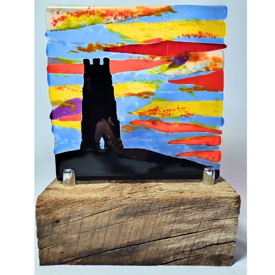Glastonbury Tor Sunset - Fused Glass Table Art Picture, Light Catcher Landscape