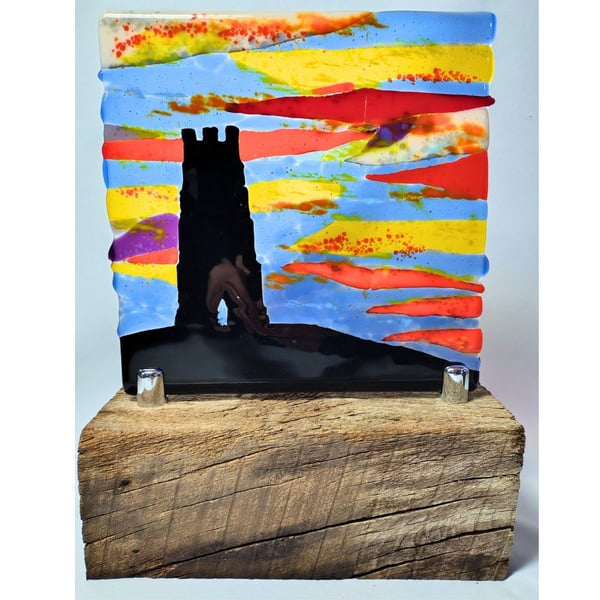 Glastonbury Tor Sunset - Fused Glass Table Art Picture, Light Catcher Landscape