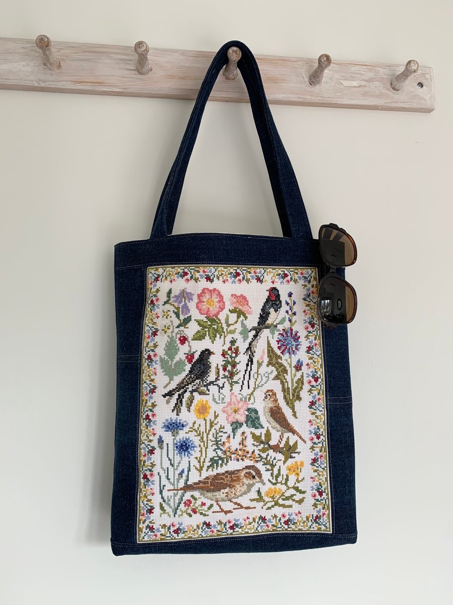 Garden Birds rescued cross stitch tote with rec... - Folksy