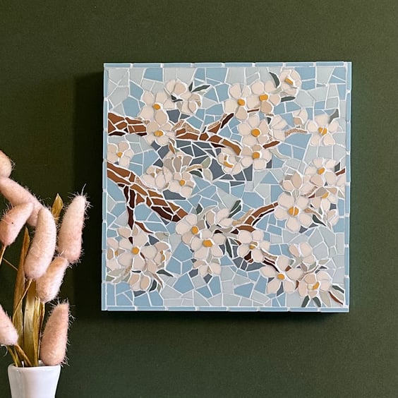 Floral Mosaic Art - Blossom Branch Wall Plaque in Turquoise 