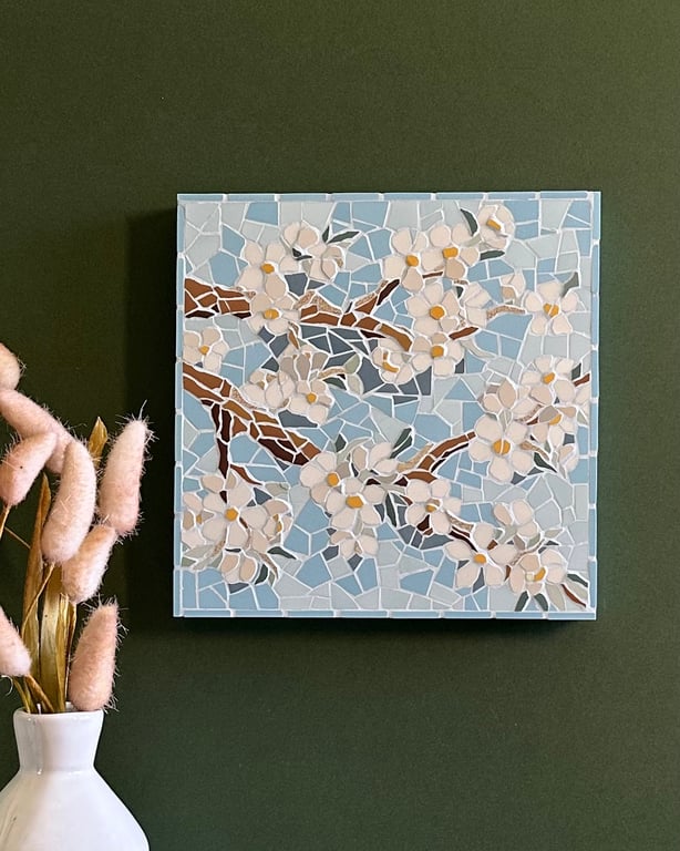 Floral Mosaic Art - Blossom Branch Wall Plaque in Turquoise 