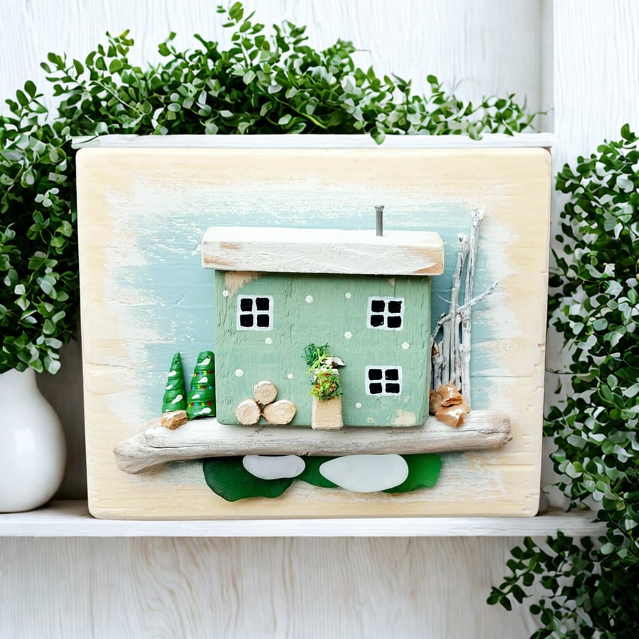 Sea Glass and Driftwood Miniature Winter Cottage Wall Hanging