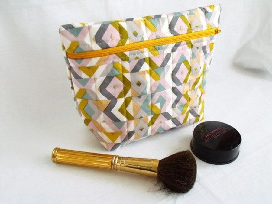 grey and yellow geometric zipped make up pouch, pencil case or crochet hook case