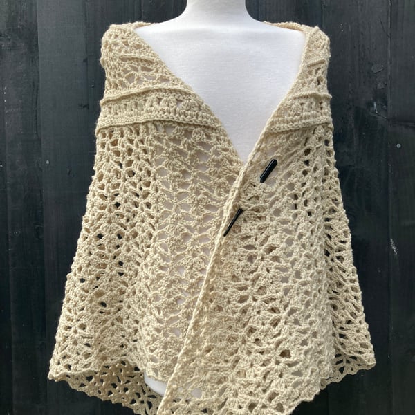 Feminine Lace Shawl in Beige Vegan Yarn 