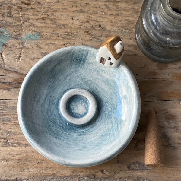 Incense Holder Handmade Ceramic dish with Cottage