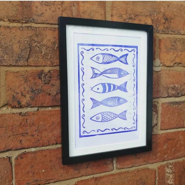 Size A4 Linoprint. Blue Ink Fish. Hand printed.