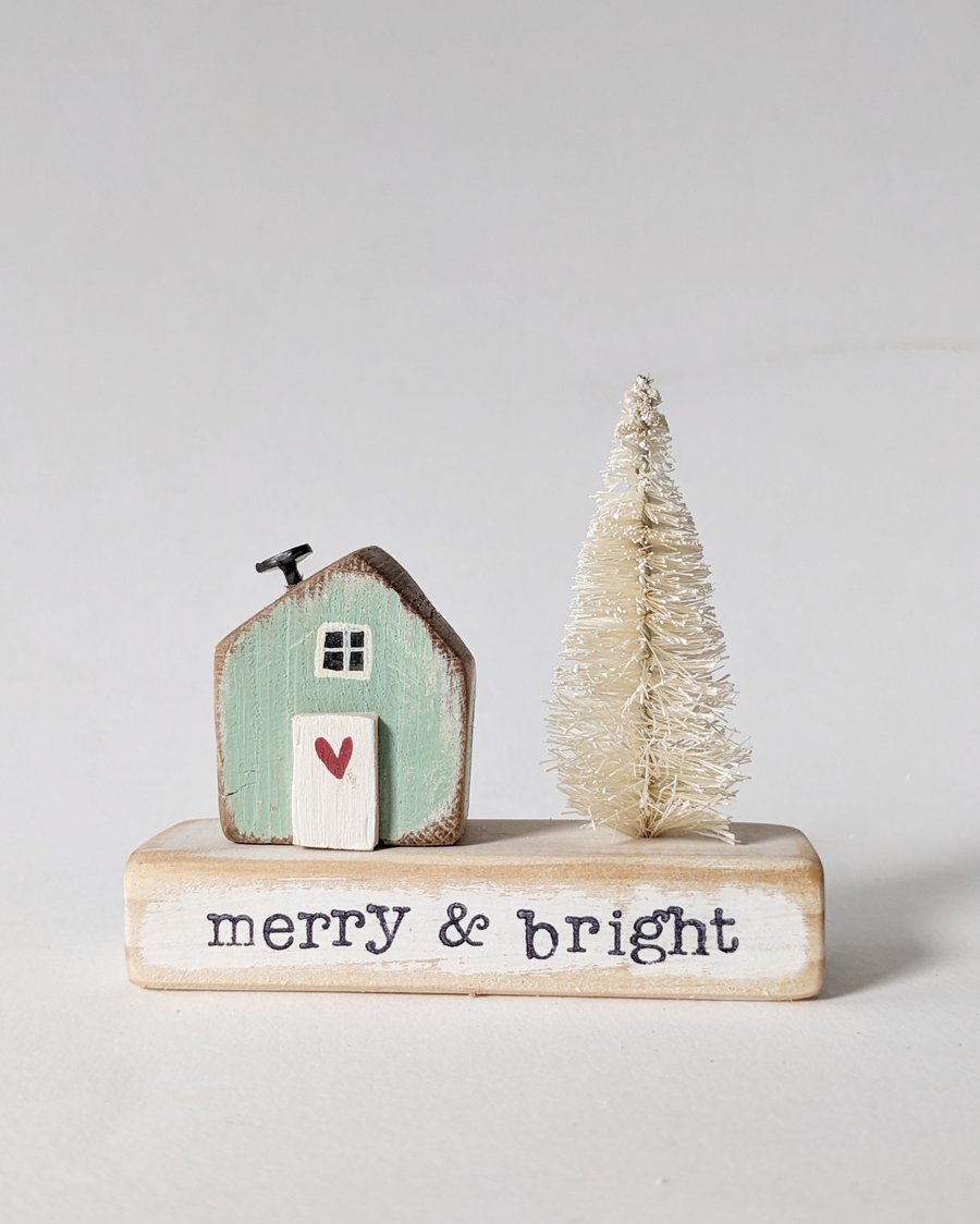 Little Wooden Handmade House in a Bag with Christmas Tree 'Merry & Bright' 