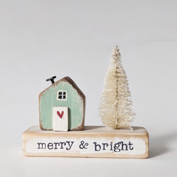Little Wooden Handmade House in a Bag with Christmas Tree 'Merry & Bright' 
