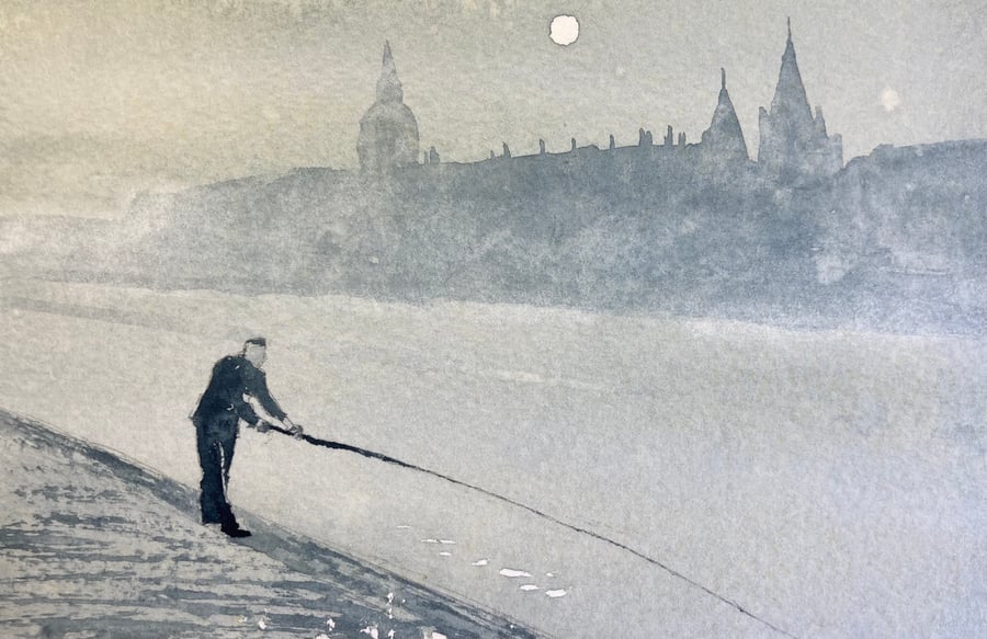 Fisherman in Paris (Pure Original Watercolour FULLY MOUNTED 8” x 6”)