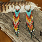 Unique Brass Hoop Native American Style Dangle Beaded Earrings Sunset or Sunrise
