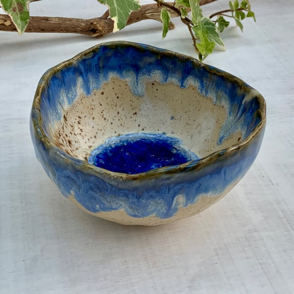 Decorative Pinch Pot with winter wood, midnight rain glaze & glass