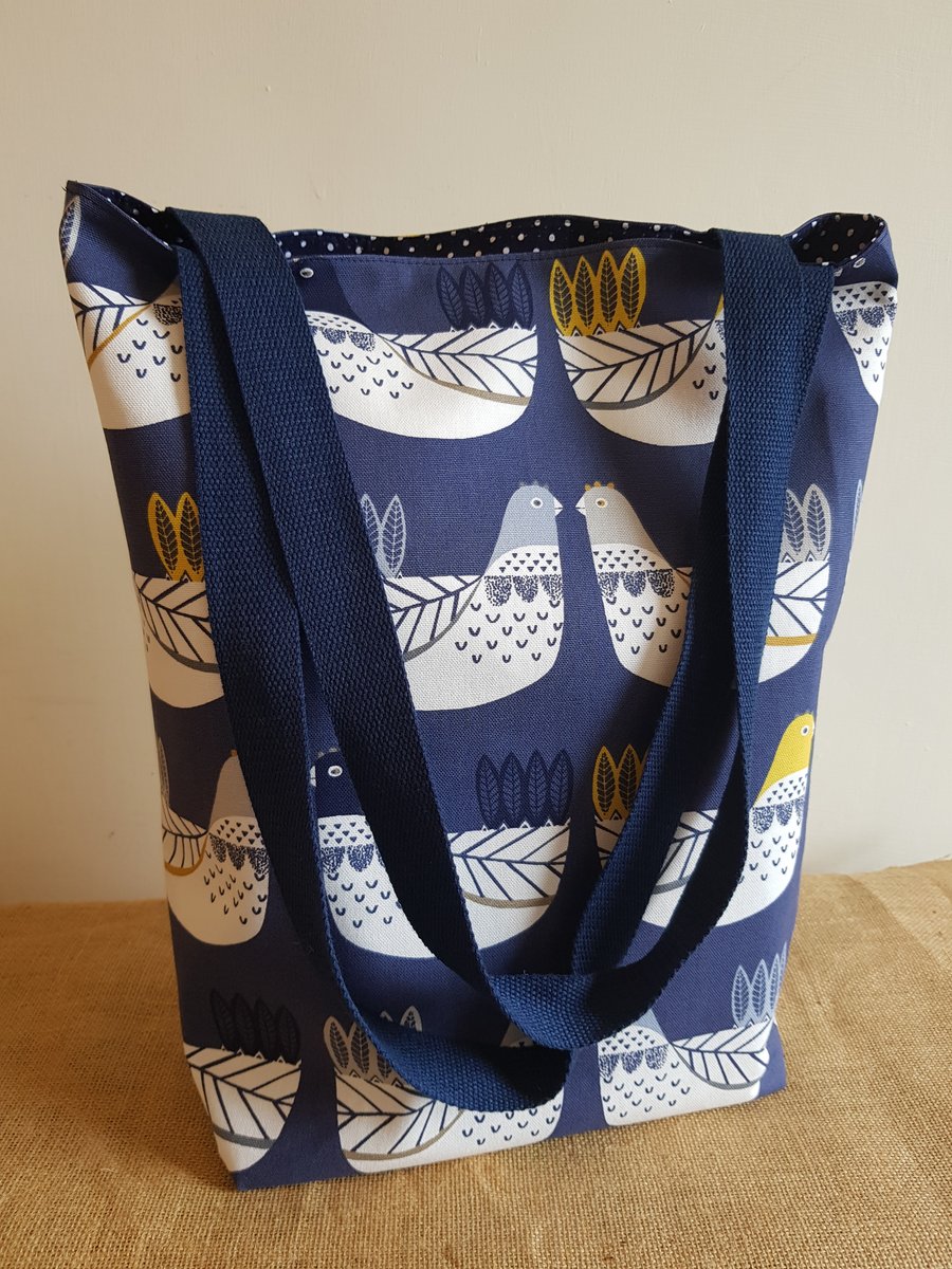 Strong cotton tote bag; scandi bird design on blue 