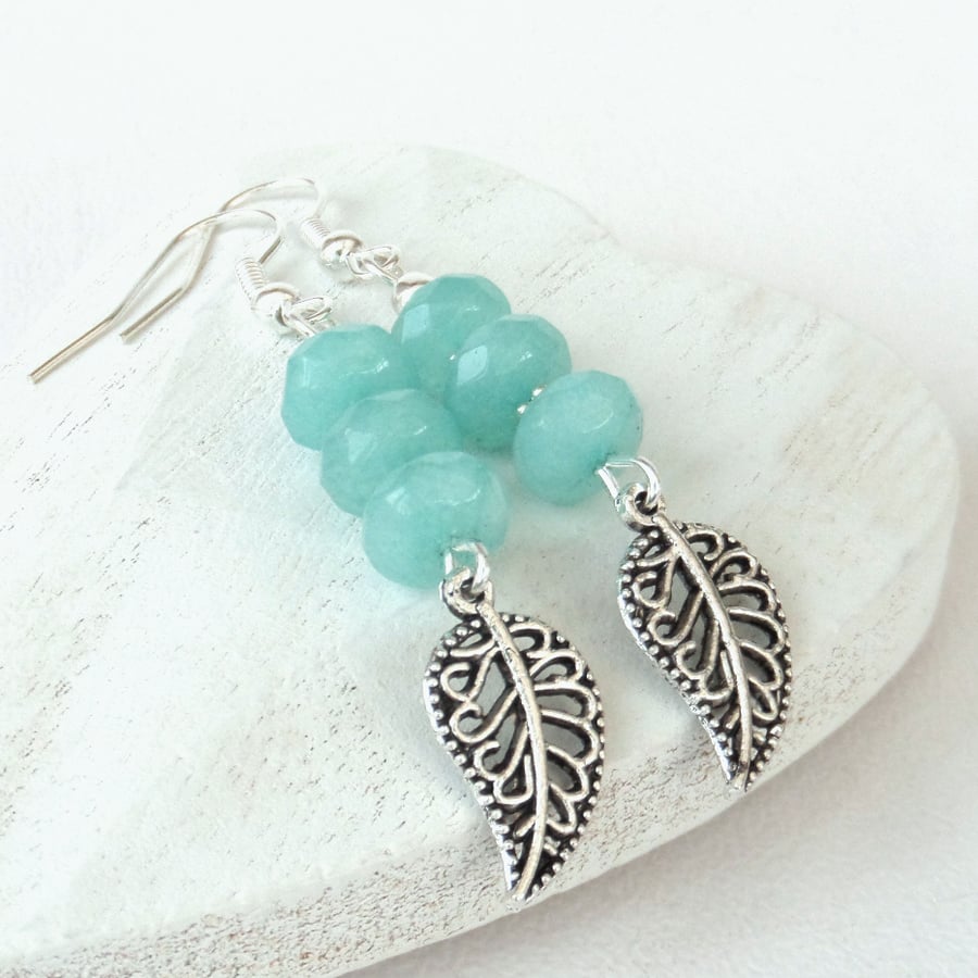 Amazonite dangly earrings with filigree leaf charm