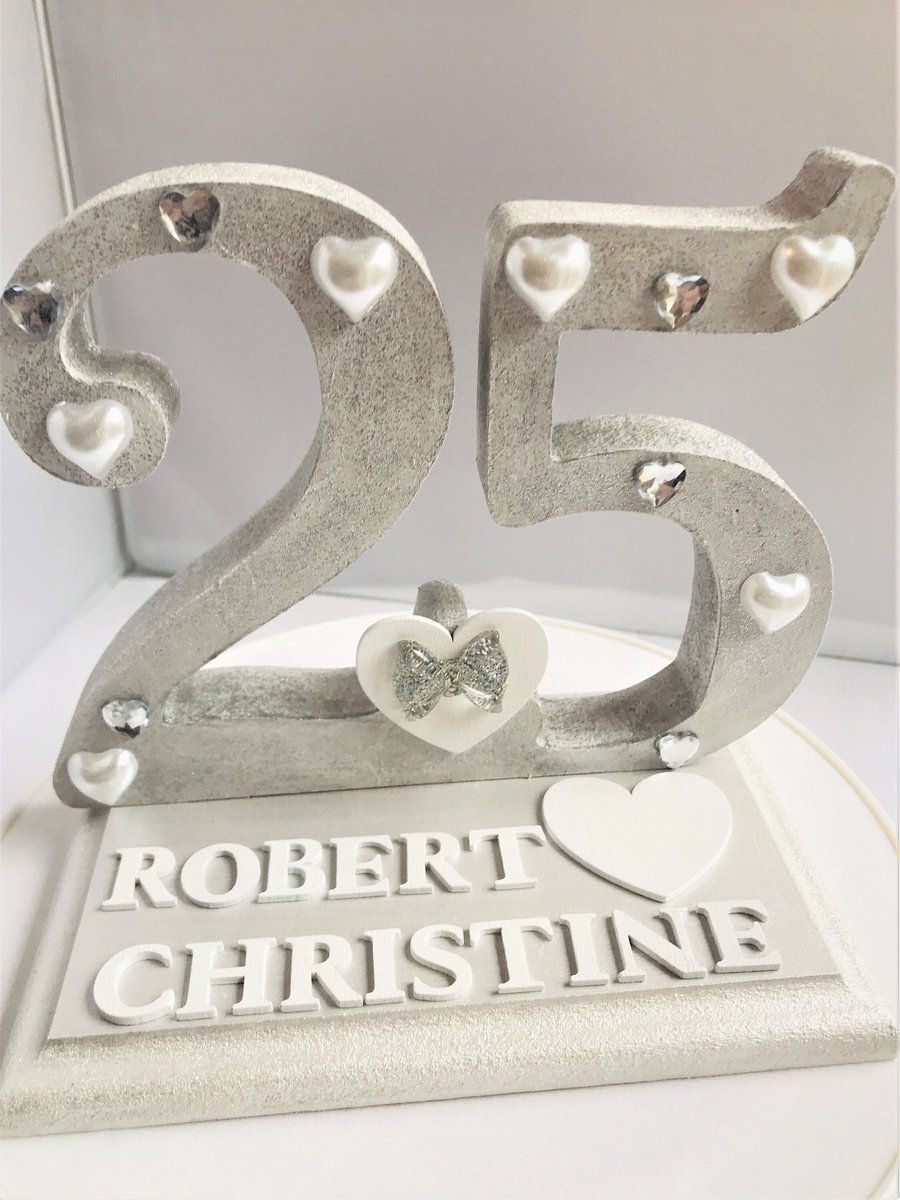 Personalized Silver 25th Anniversary Wooden Plaque, Bespoke Gift
