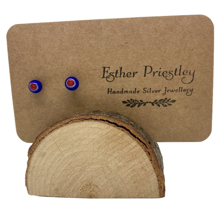 Tiny earrings- bright red and blue circle design- silver & fused glass-studs