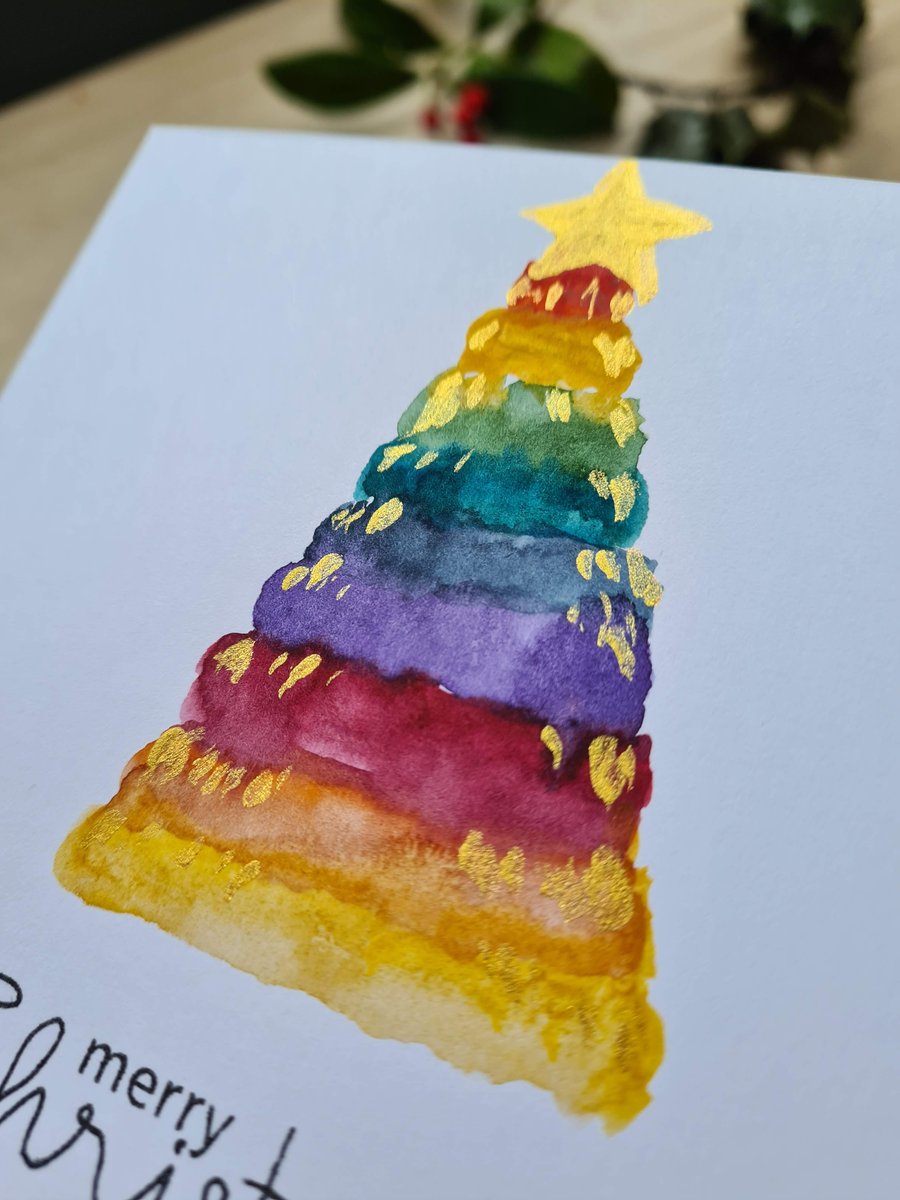 Handpainted rainbow tree Christmas card 