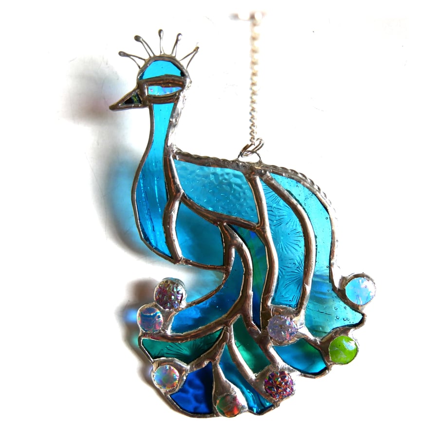 Peacock Suncatcher Stained Glass Dichroic Bird  Handmade Gift