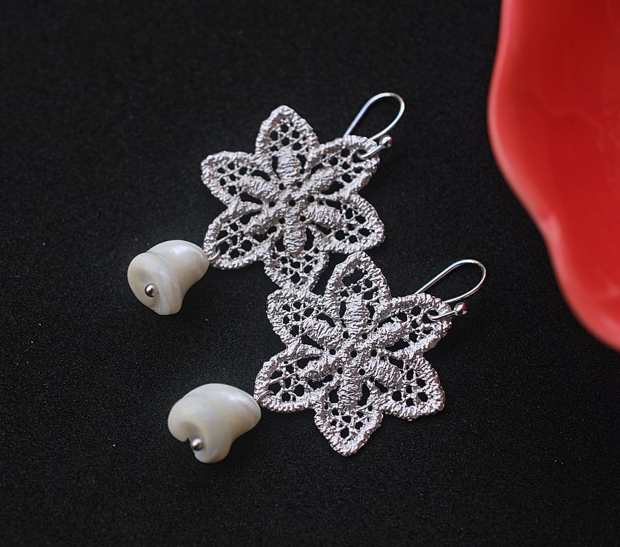 18k white gold plated dangle star filigree chandelier drop lace shell earrings