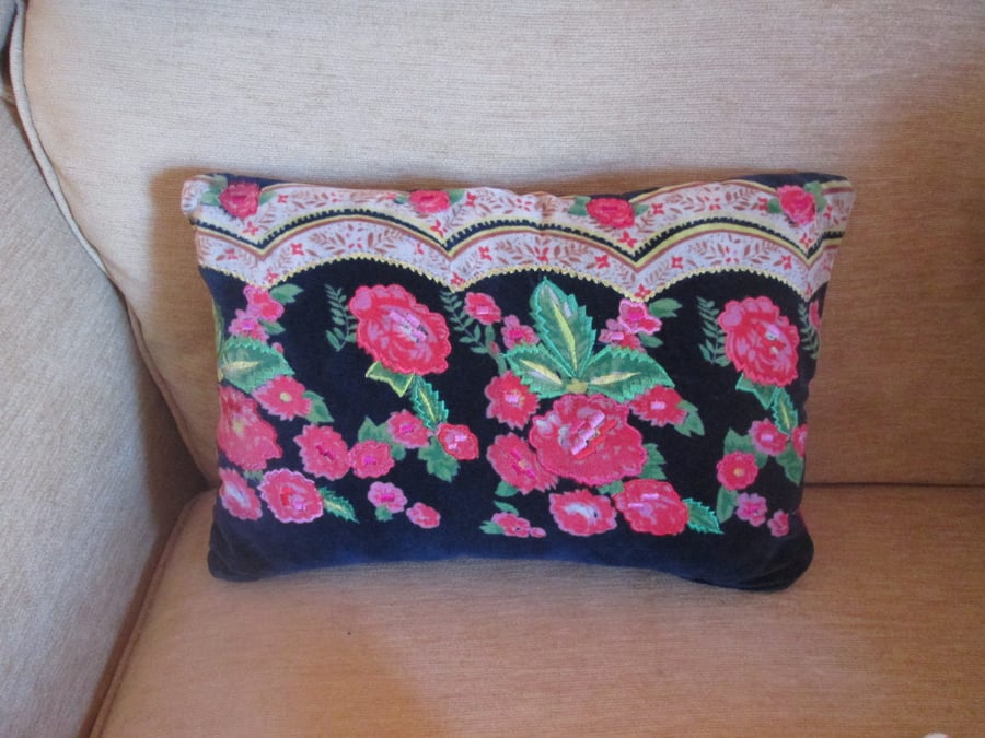 VELVET CUSHION navy and fuchsia, gorgeous Repurposed fabrics with inner