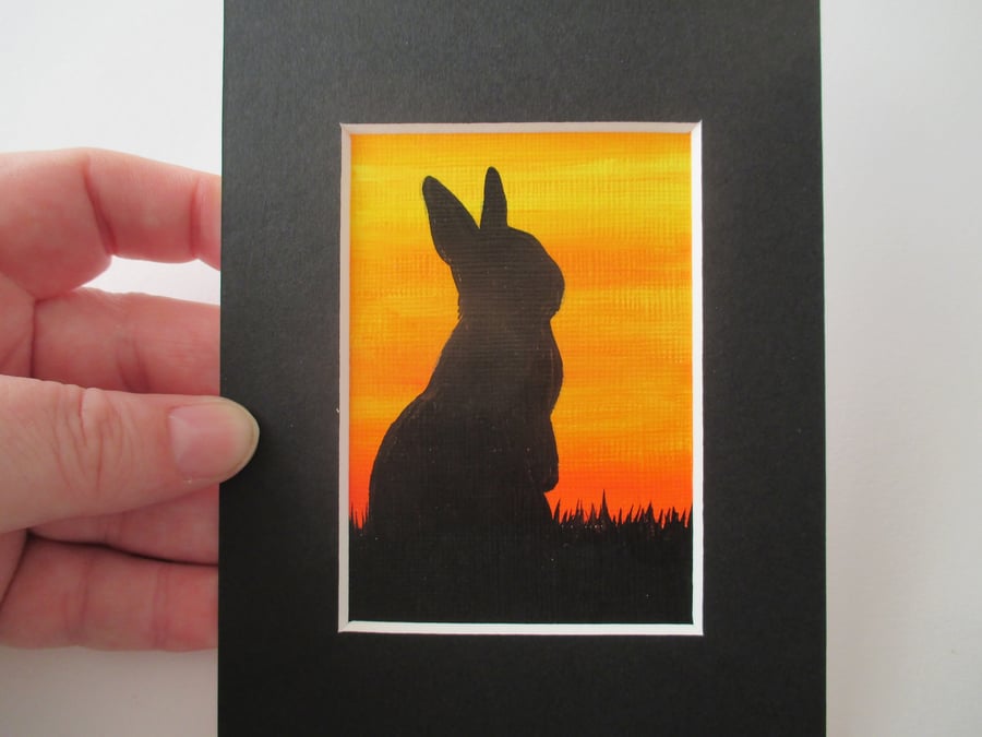 ACEO Rabbit aceo silhouette original art painting picture bunny black sunset 