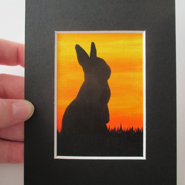 ACEO Rabbit aceo silhouette original art painting picture bunny black sunset 