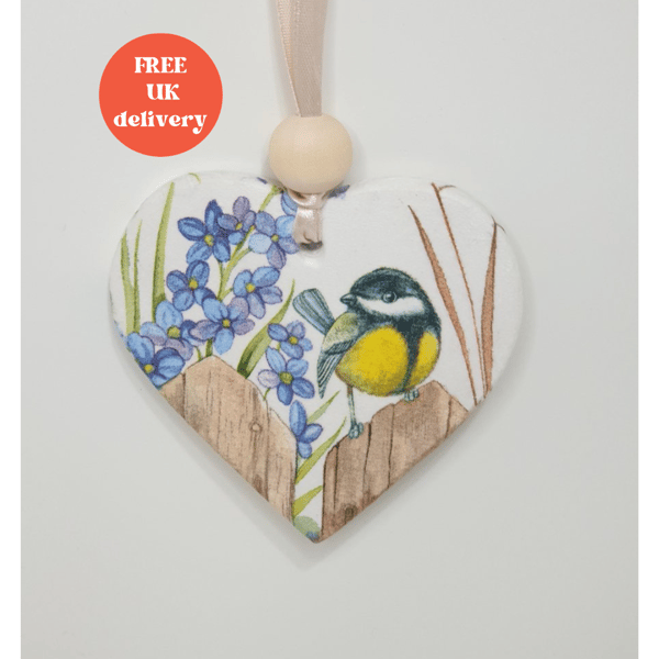 Garden bird hanging decoration, great tit, clay gift for a bird lover 
