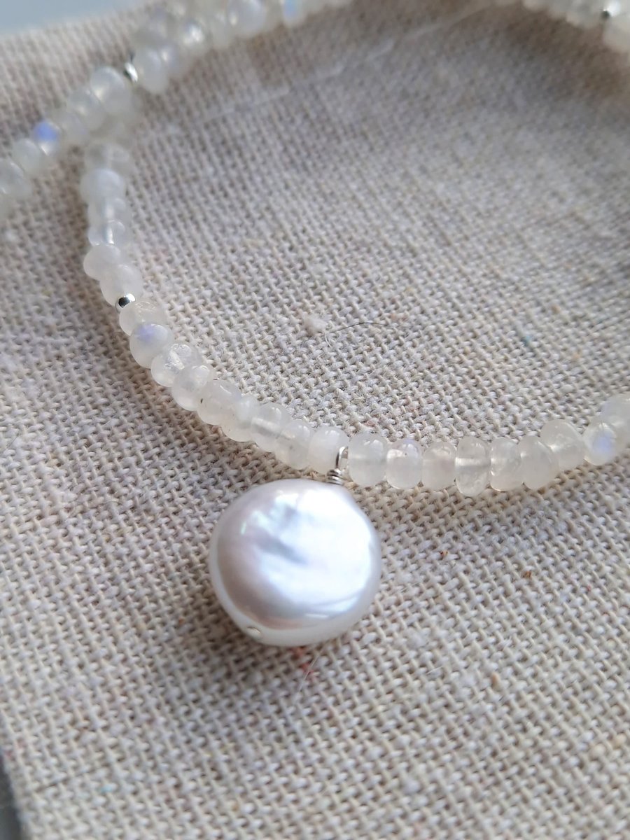 Rainbow moonstone freshwater ivory coin pearl and sterling silver beaded choker 