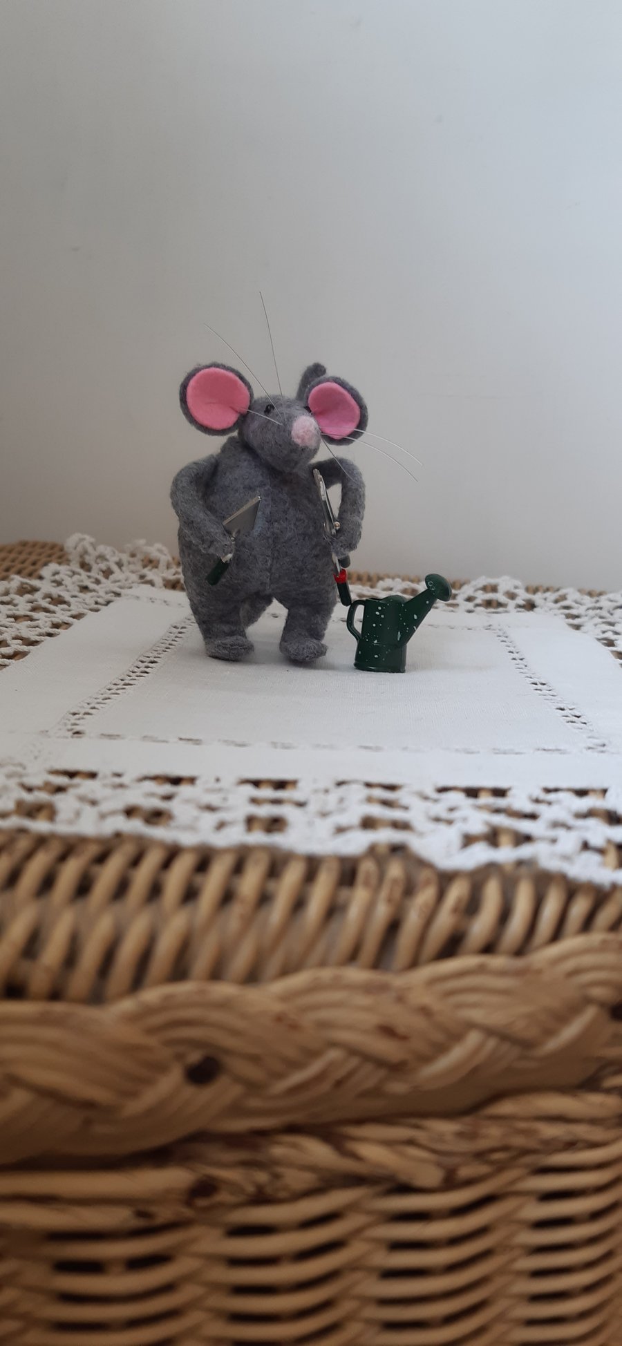 Handsewn character felt mouse: Happiest When Pottering in the Garden mouse