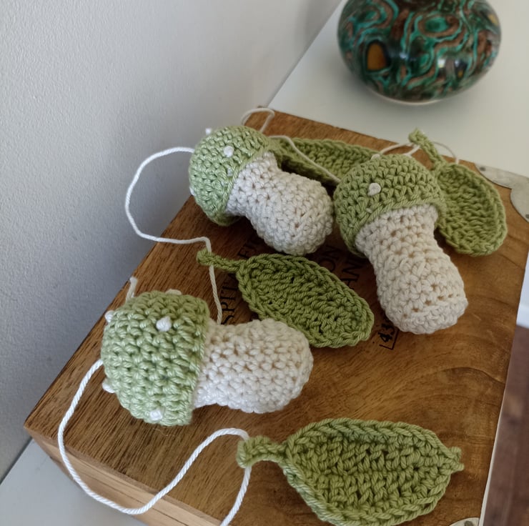 Toadstool Leaves Woodland Garland Baby nursery Bunting Cotton Crochet  Mushroom