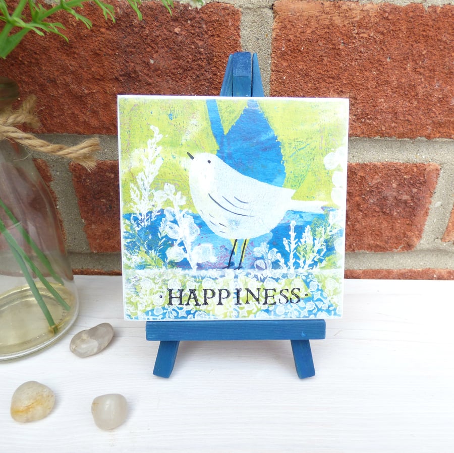 Happiness, Original Monoprint On Wood, Small Art With Easel, Bird Painting 