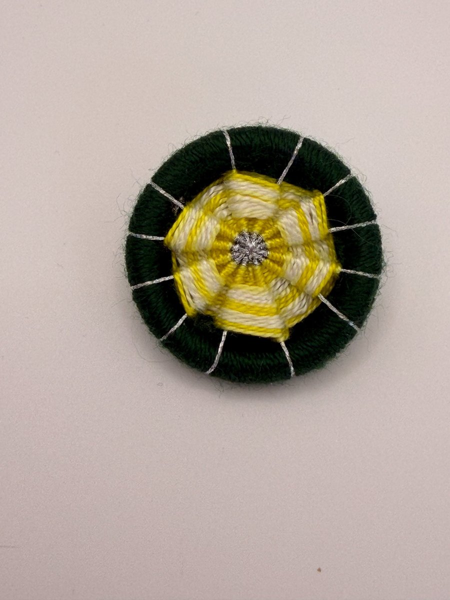 Handmade Dorset Button Flower Brooch Pin - Green Yellow White & Silver