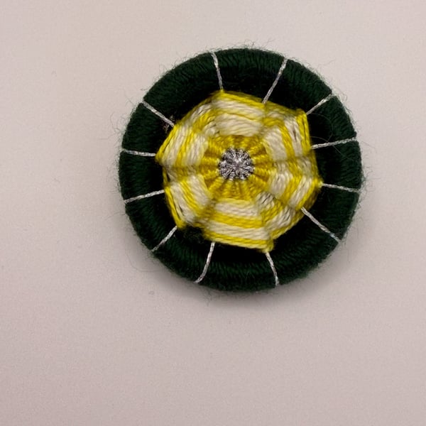 Handmade Dorset Button Flower Brooch Pin - Green Yellow White & Silver