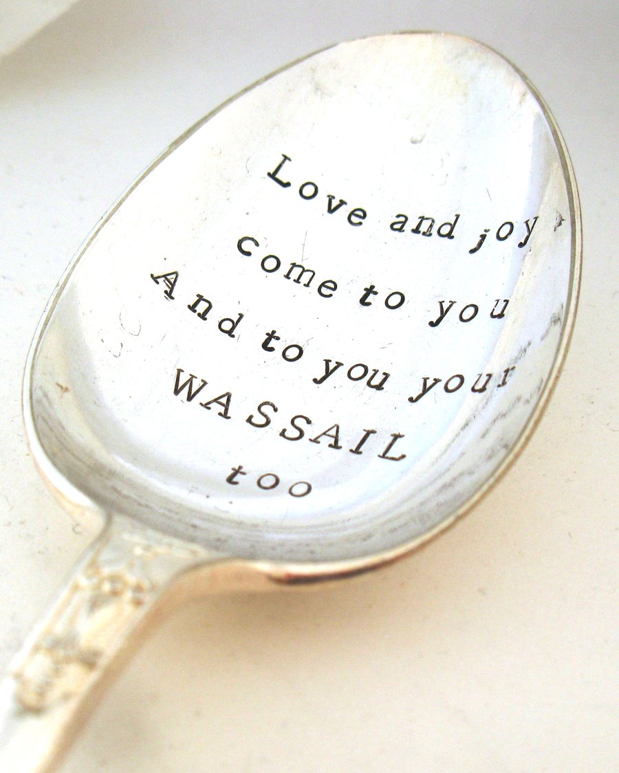 Big tablespoon, wassail, hand stamped vintage Christmas serving spoon