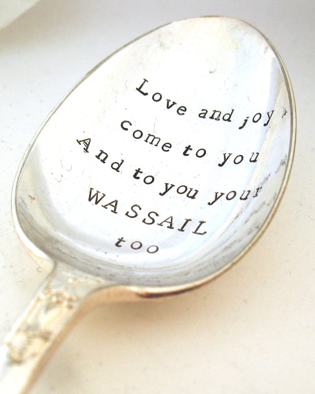 Big tablespoon, wassail, hand stamped vintage Christmas serving spoon