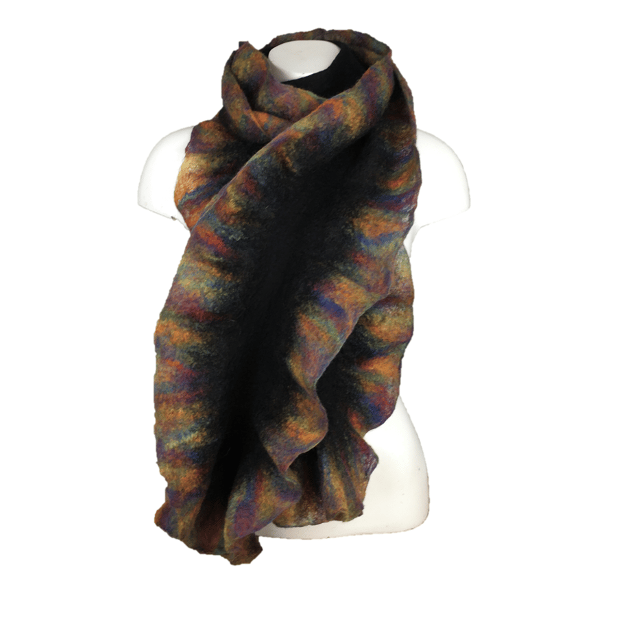 Black merino wool felted scarf with rainbow ruffled border