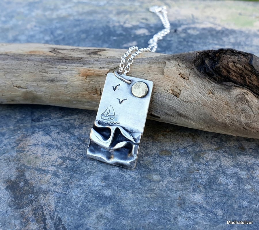 Silver beach, seaside pendant with sailing boat and seagulls
